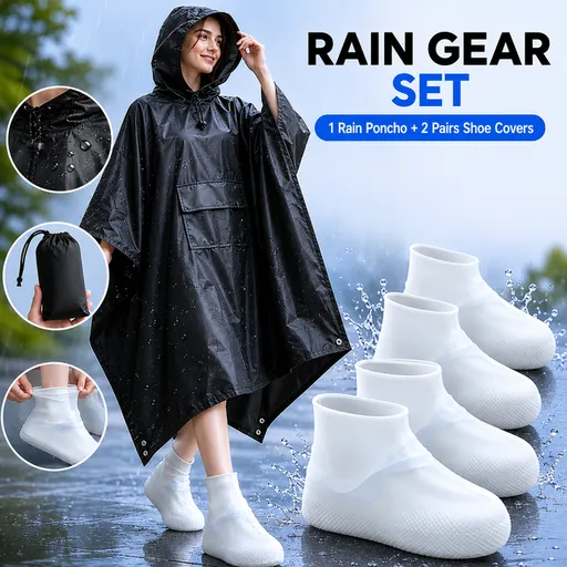 3-in-1 Black Camping Rain Poncho / Outdoor Shelter Tarp / Ground Sheet (82.7 x 55 inch) with 2 Pairs Rain Shoe Covers - Large Backpack Coverage, Drawstring Hood and Carry Bag for Hiking Trekking Cycling Use