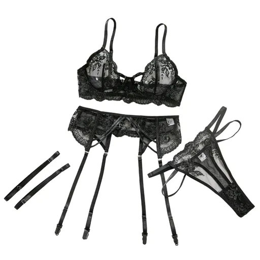 House Of Dasein Sexy Transparent Tempting Embroidered Bra And Garter Belt Four-Piece Set Womens Valentines Day Lingerie - Black - S