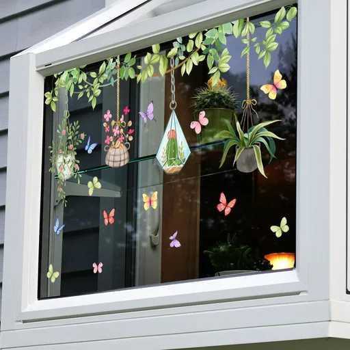 Potted Plant Window Flower Hanging Vines Glass Wall Decals Stickers Tropical Botanical Cactus Living Room Bedroom Home Decor