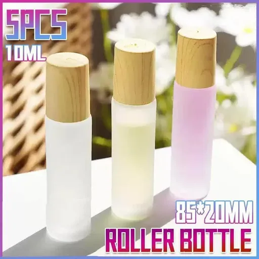 5PCS 10ml Frosted Glass Roll-On Bottles with Wooden Caps for Perfume and Essential Oils