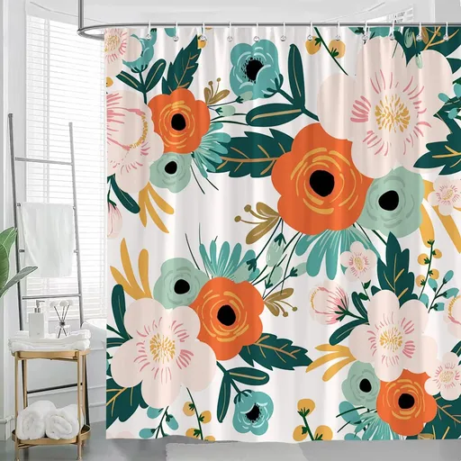 Colorful Floral Shower Curtain Watercolor Spring Red Flower Green Leaves Boho Botanical Poppy Bathroom Curtains Set with Hooks