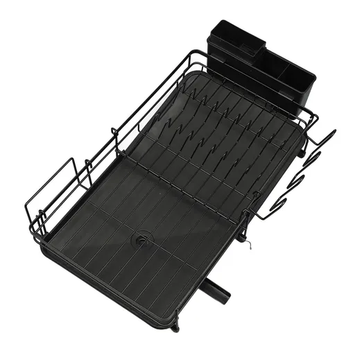 Dish Drying Rack Multifunction Rust Proof Expandable Plate Drainer with Utensil Holder for Kitchen Counter and Sink Black