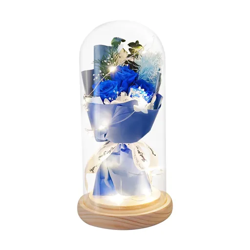 Preserved Rose Bouquet in Glass Dome with LED Light,Mother's Day,Birthday,Christmas Thanksgiving Gifts ,Blue Rose