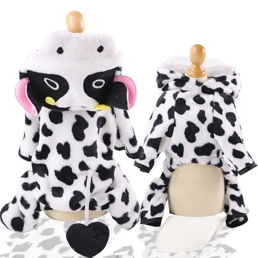 Pet Clothes Shine Coral Fleece Cow Design Four Legs Flannel Black and White Cow Transformation S bust 35 back length 25cm