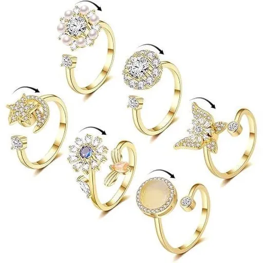 6 pcs Rotatable Antistress Fidget Spinner Rings, Gold