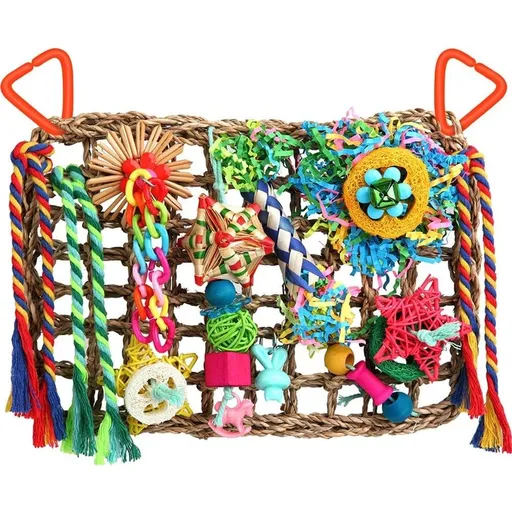 Bird Toys, Bird Foraging Wall Toy, Edible Seagrass Woven Climbing Hammock Mat with Colorful Chewing Toys, Suitable for Lovebirds