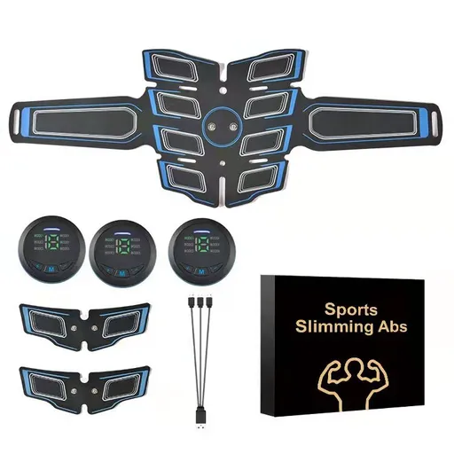Blue EMS Muscle Stimulator Belt Set - Rechargeable Abdominal Toning Trainer with Multiple Pads and Modes