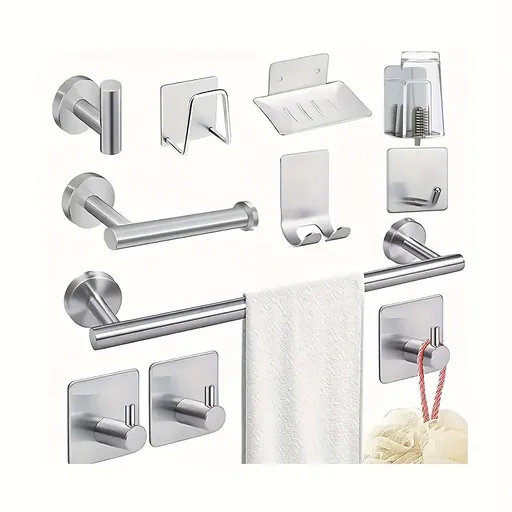 Silver Gray Bathroom Shower Accessories 11-Piece Set Towel Bars Hooks Soap Dishes Bathroom