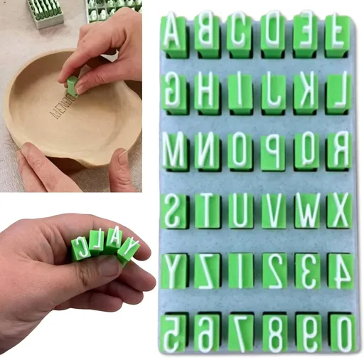 Stamps - Alphabet stamping tools - Clay stamps - Alphabet Stamp Set - Portable crafting material - Alphabet, numbers and symbols - DIY craft molds - for scrapbooking, art projects - with storage box - green - plastic uppercase letters