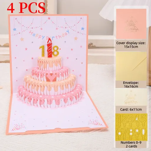 4-Pack - DIY Replaceable Number Cake 3D Pop-Up Birthday Cards, Papercut Foldable Greeting Gift Cards - Pink