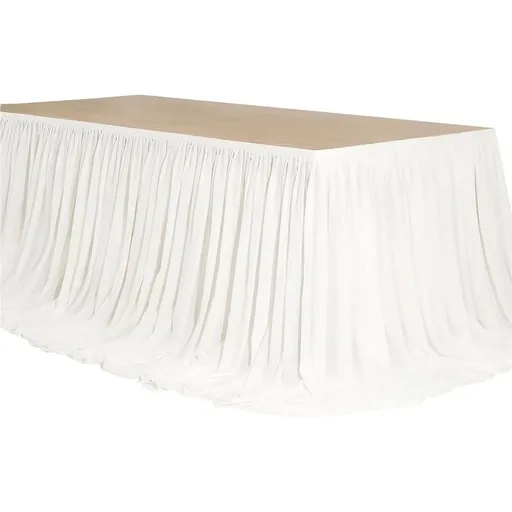 4TF Extra Long White Chiffon Table Skirt with Pooling Tulle Tablecloth for Wedding, Birthday, and Cake Table Decorations
