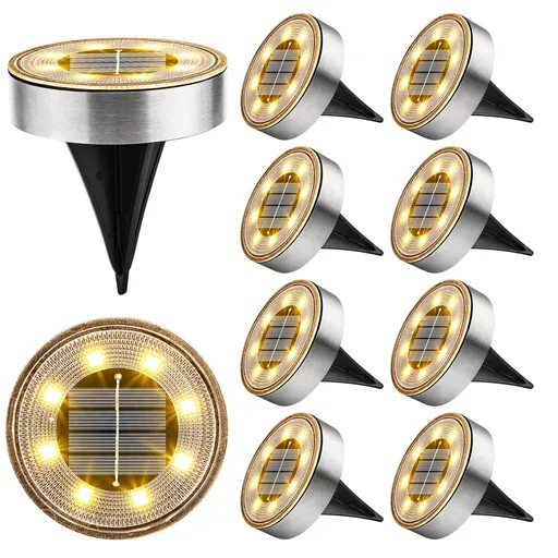 Solar Ground Lights,10 Pack 8 LED Solar Lights Outdoor IP68 Waterproof Solar Disc Lights In-Ground Landscape Lighting (Warm White)