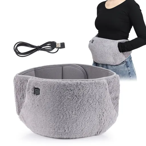 USB-Powered Electric Heating Waist Belt with Hand Pockets, 3-Heat Settings for Menstrual Cramp Relief, Office and Home Use, Soft Crystal Velvet, Machine Washable (Grey)
