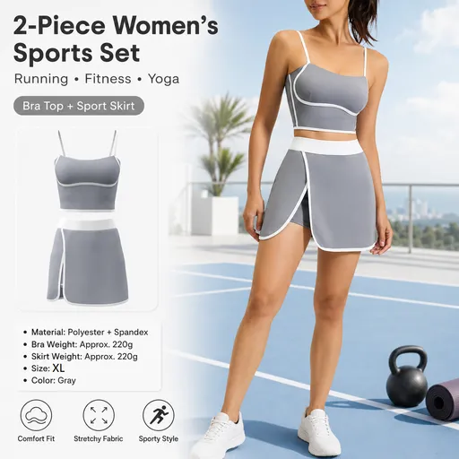 Grey XL Size Women's Linear Sports Set - Polyester Spandex Blend with Adjustable Straps, Removable Pads and Anti-Exposure Skirt for Yoga, Running and Gym