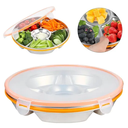 Divided Serving Tray with Lid - Stainless Steel 6 Compartment 9inch Snack & Veggie Tray for Parties