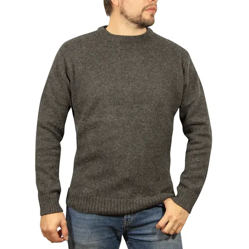 Mens 100% Shetland Ragg Wool Round Neck Knit Jumper Pullover Crew Sweater - Charcoal
