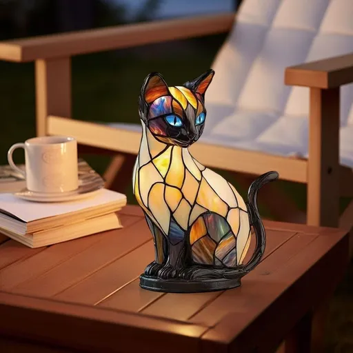 Stained Glass Cat Lamp Resin Table Lamp Warm Ambient Light 6.3×4.72×3.54in for Bedroom Desk(B)