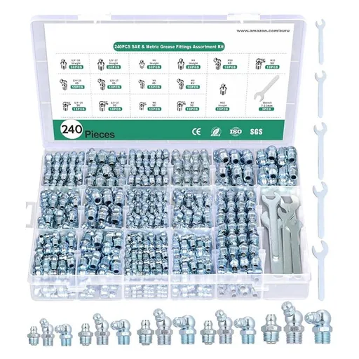 240PCS Grease Fittings Assortment,SAE & Metric Zerk Grease Fittings Straight 45 90 Degree with Wrench Kit(7-11mm)