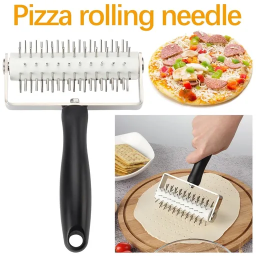 Commercial Pizza Dough Tool | Stainless Steel Rolling Pin with Spiked Wheels | Prevents Air Bubbles in Pizza Crust & Pastry Dough | Professional Kitchen Baking Accessories