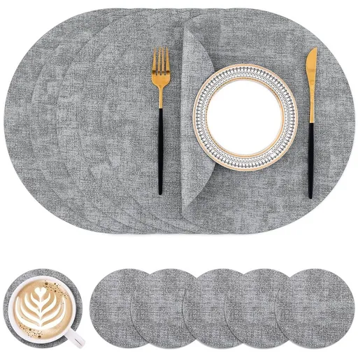 Round Faux Leather Placemats, Washable Dual-Side Table Mats, Wipeable Heat-Resistant Dining Place Mats for Outdoor and Indoor, Set of 6, Diameter 13 inch, Light Grey，Only placemats are available