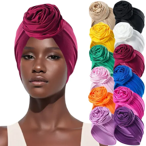 Women Flower Headband Elastic Cap Pre-Tied Scarf Bonnet Beanie Headwrap