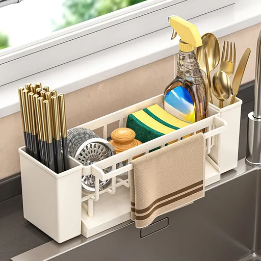 Kitchen Sink Sponge Holder, Sponge Holder Kitchen Sink Caddy Organizer with Dish Brush Holder, Rustproof Stainless Steel Sink Sponge Holder with Auto-Draining Tray G