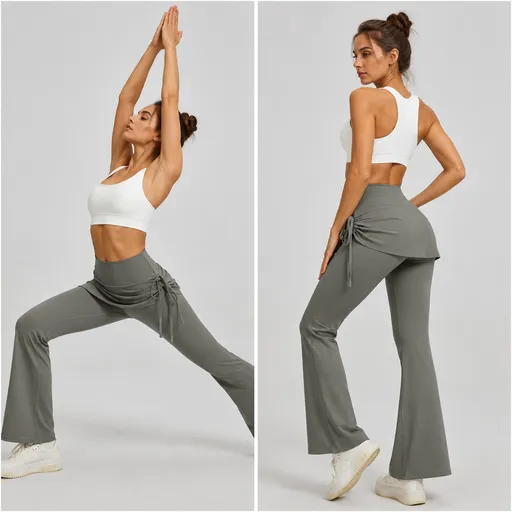 Women's High Waist Skirted Flare Yoga Pants with Adjustable Ruched Drawstring (M size)- Grey Faux Two Piece Bootcut Leggings for Pilates, Gym Workout, Running, Dance and Everyday Wear