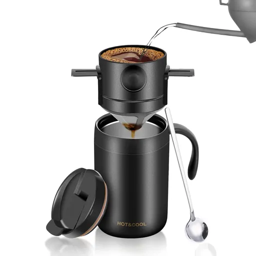Portable Pour Over Coffee Maker Set Insulated Stainless Steel Travel Mug Reusable Drip Filter Spoon 3 Piece Black