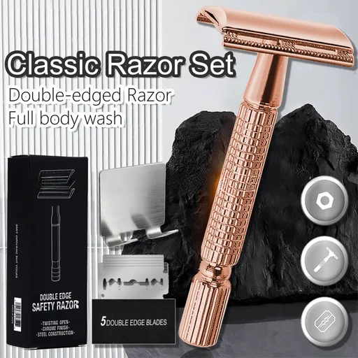 Rose Gold Classic Double Edge Safety Razor Set - Vintage Metal Manual Shaving Razor with Stainless Steel Holder & 5 Replacement Blades