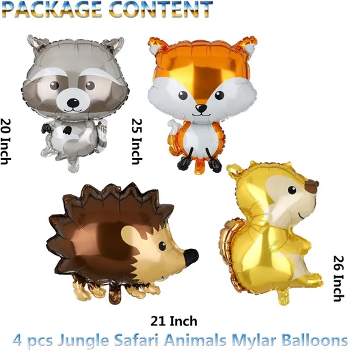 4 Pcs Giant Animal Mylar Balloons (Squirrel, Fox, Hedgehog,Raccoon) For Jungle Safari Animals Theme Birthday Decorations Kids Gift