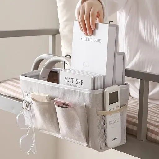 Bedside Caddy Storage Organizer with Metal Hooks, Multi-Pocket Linen Hanging Bed Caddy for Dorm Bunk Beds, Sofas—Gray