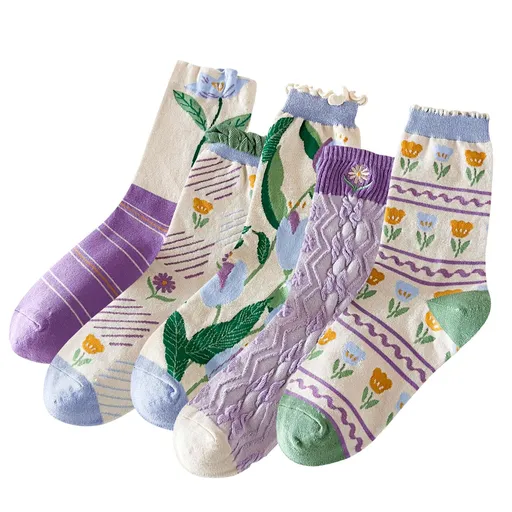 5 Pairs Womens Vintage Floral Cotton Socks Novelty Patterned Dress Socks Ladies Embroidered Casual Crew Ankle Socks