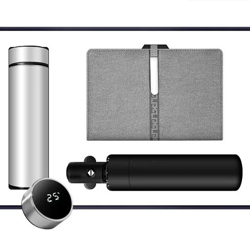 Luxury Corporate Gift Set Temperature Display Bottle Auto Umbrella Notebook, Premium Business Office Gift Hamper, All Weather Practical Employee Client Present-gray