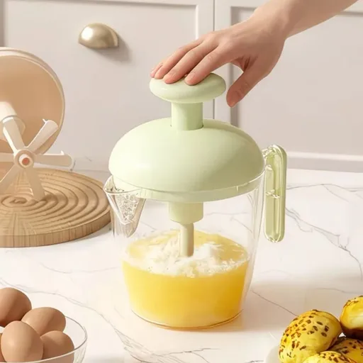 Semi-Auto Press Egg Mixer Cup, Large-Capacity Hand Whisk with Filter Spout for Baking, Whipping Cream, and Beating Eggs—Green