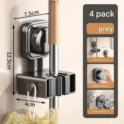 4 pack Grey Suction Cup Mop and Broom Holder Wall Mount - No Drill Adhesive Hook for Bathroom, Kitchen and Laundry, Strong Hold Reusable Storage Organiser for Cleaning Tools