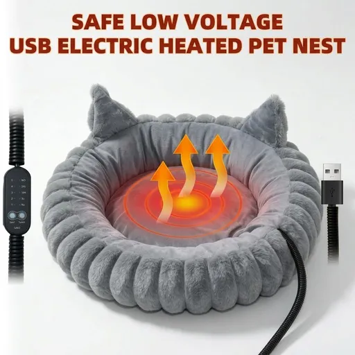 USB-Powered Heated Pet Bed with Plush Fur, Adjustable Thermostat & Timer, Foldable Round Cat Cave for Small Dogs, Kittens, and Rabbits – Cozy Winter Warmth for Home, Floor, Bed, or Car Travel (Grey)