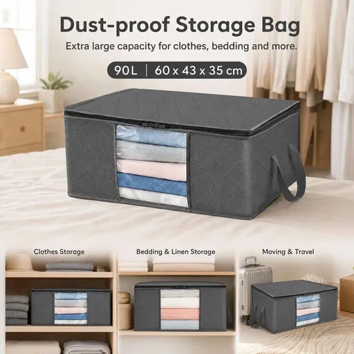 3 Pack 35L Clothes Storage Bags Black Zipper, Compact Small Volume Wardrobe Sorting Set