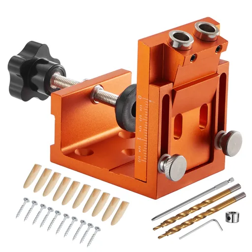 Pocket Hole Jig Kit, 12 mm to 48 mm Adjustable, Jig Pocket Hole System with Step Drill, Hex Wrench, Drill Stop Ring, Square Drive Bit, Plugs and Screws, Reinforced Metal Frame, for Woodworking