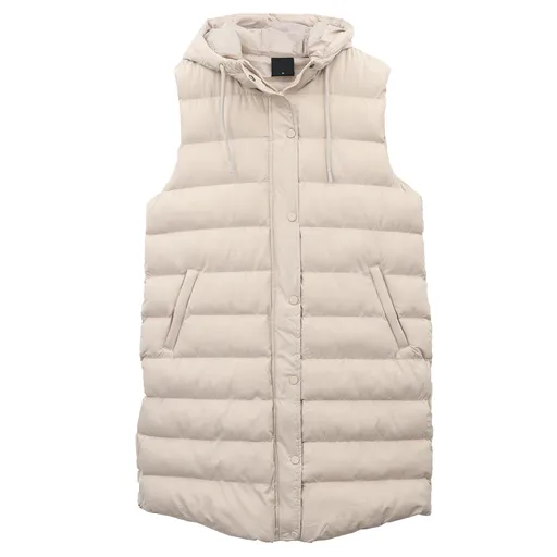 Women's Longline Padded Vest Hooded Jacket Puffer Puffy Quilted Zip Coat Gilet, Khaki, 18