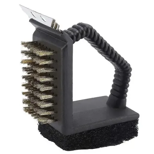 3-in-1 BBQ Grill Cleaning Brush with Metal Bristles, Scraper Edge and Scouring Pad for Gas and Charcoal Grill Grates, Black