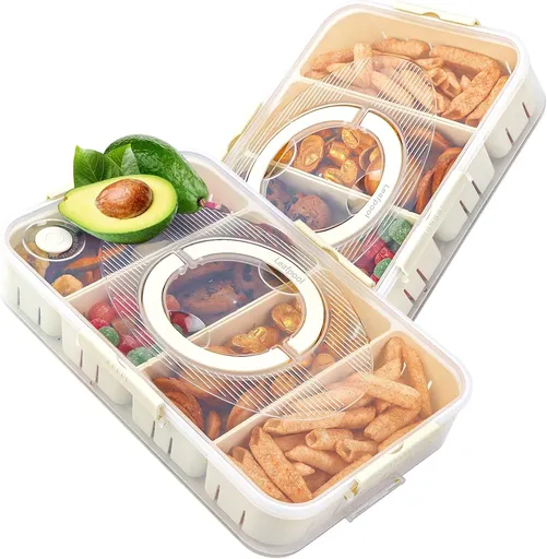 Snack Box Container,Dishwasher Safe Fruit Snack Containers,2 Pack Divided Serving Tray with Lid for Veggie Candy Snackle Charcuterie Plastic Boxes for Travel and Picnic（4 Compartments）
