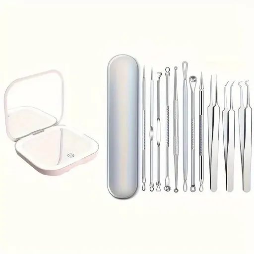 Pimple Popper Tool Kit, 8 PCS Professional Stainless Steel Blackhead Remover Comedone Extractor Tools for Removing Zit on Face - Acne Removal Kit with Metal Case (Silver) 11PCS with Makeup Mirror