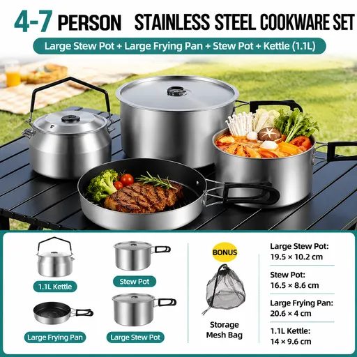 4-Piece Food Grade Stainless Steel Camping Cookware Set with 1.1L Kettle, Medium / Large Stew Pot and Large Frying Pan - Hangable and Foldable, Compact Nesting Storage, Anti Scald Wrapped Handle