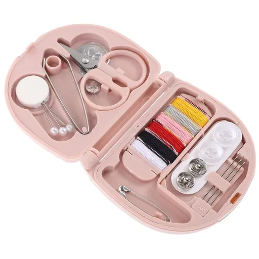 1Set Portable Thread and Needle Kit in Pink Plastic Case for Sewing Storage and Repair