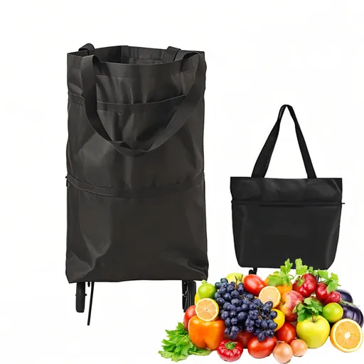 2-in-1 Collapsible Shopping Trolley with Wheels – Foldable Grocery Cart, Reusable Waterproof Oxford Bag for Supermarket, Picnic & Travel (Black)