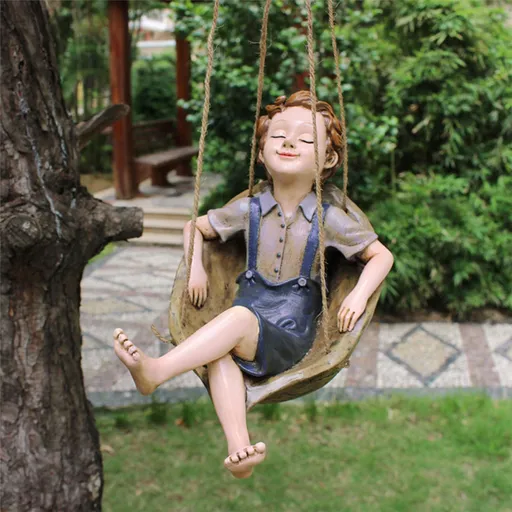 Garden Statue Sleepy Boy in Hammock Handpainted Resin Outdoor Decor 8.07 Inch