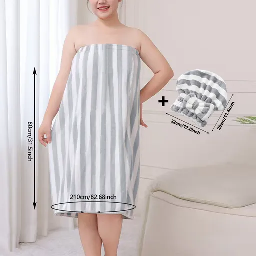 Grey Coral Fleece Bath Skirt with Matching Hair Towel – Soft Absorbent Wrap Dress for Women, Quick-Dry Shower Robe Set with Elastic Waistband and Adjustable Fit