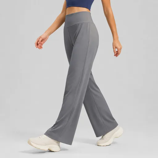 Women's High Waist Yoga Pants (L size)- Grey Loose Straight Leg Full Length Trousers with Rear Waist Pocket for Pilates, Studio Workouts, Lounging and Casual Wear