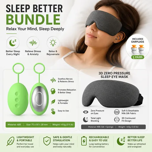 Sleep Aid Combo Set - Green Portable Microcurrent Handheld Device and Grey 3D Zero Pressure Eye Mask with Earplugs, USB Rechargeable Relaxation Tool for Travel and Home Use