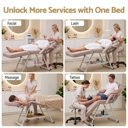 Beauty Treatment Bed Adjustable Facial Massage Table Beige with Stool